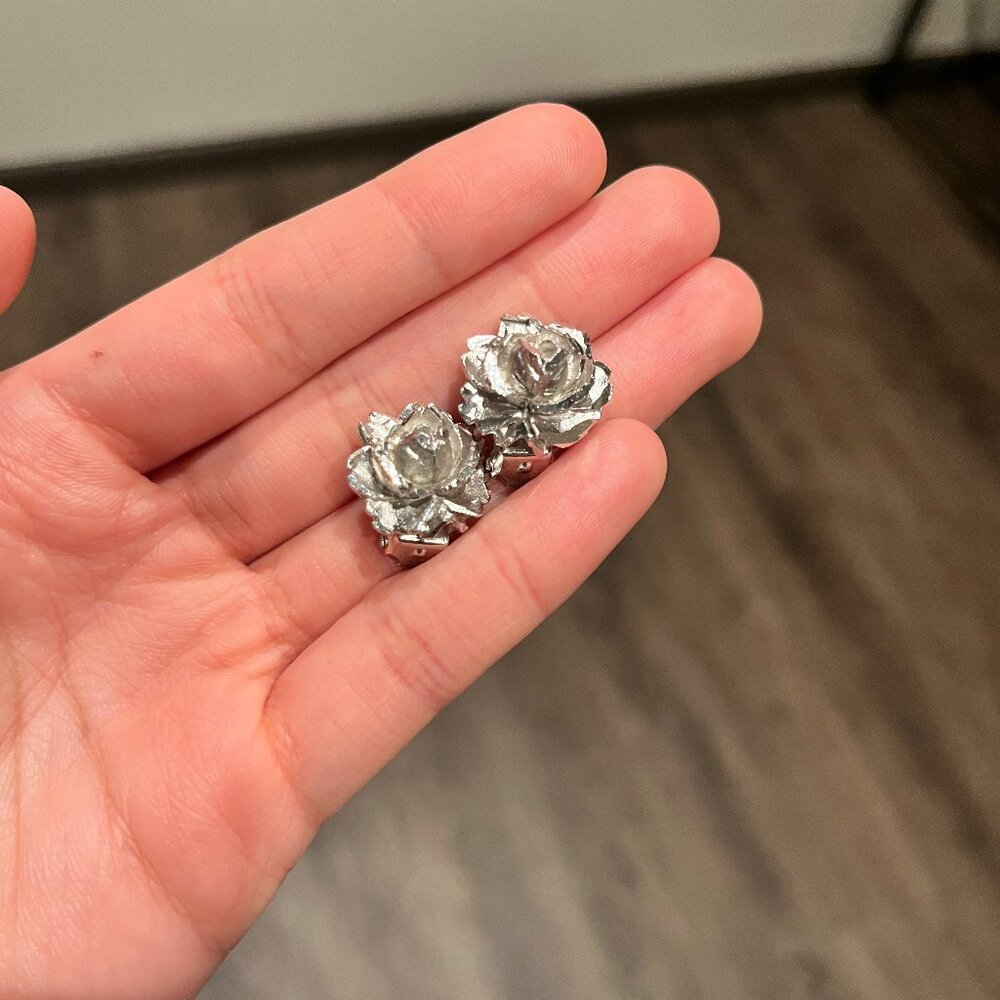 Vintage Huge Coro Rose Flower Textured Silver Tone Clip Earrings